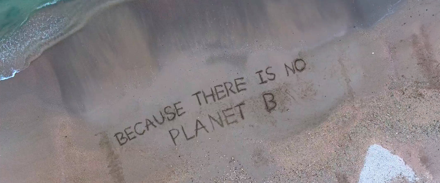 Una playa con olas suaves llegando a la orilla y, escrito en la arena, el lema "BECAUSE THERE IS NO PLANET B".