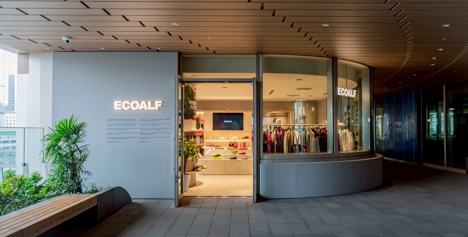 Entrada de una tienda Ecoalf moderna con techo de madera; por las puertas de vidrio se ve el interior iluminado con ropa y zapatos, y el logo "ECOALF" en la pared.