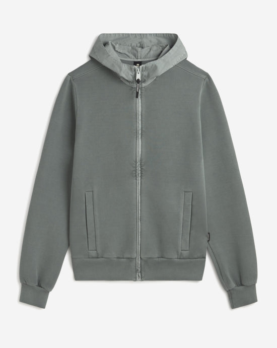 Una sudadera de Ecoalf con capucha gris oscuro sostenible de cremallera frontal, con bolsillos laterales y puños ajustados.
