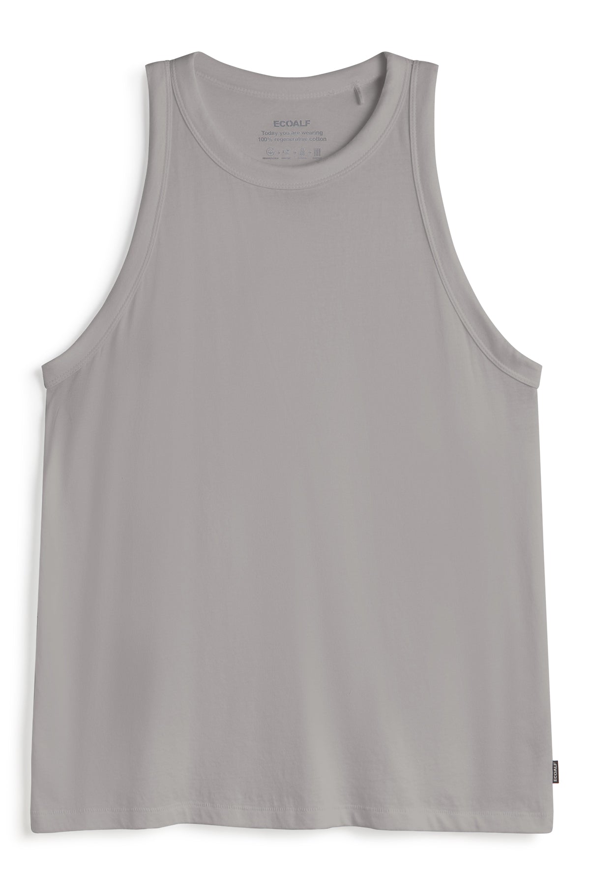 Una camiseta de tirantes de Ecoalf gris claro sostenible, de algodón y corte recto, extendida sobre fondo blanco.